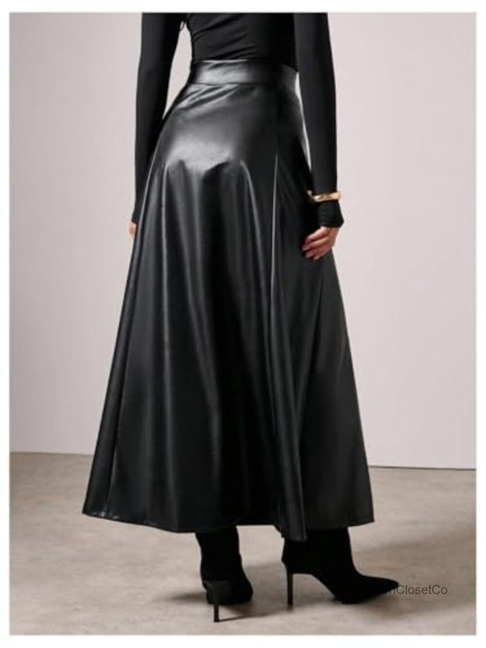 Faux Leather Maxi Skirt High Waisted A Line Flare Hem Going Out - Picture 2 of 4
